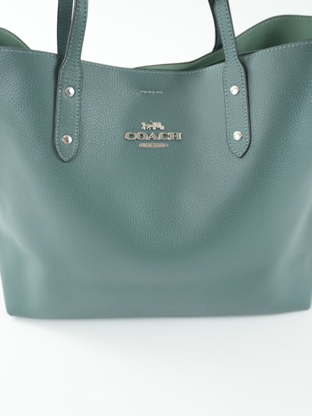 COACH Tote Green Pebbled Leather Handbag Shoulder Bag large - Picture 5 of 15